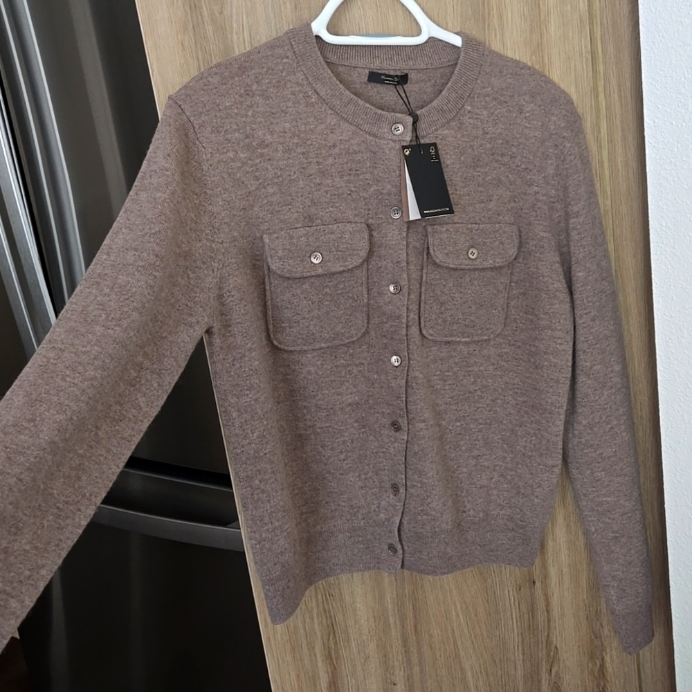 Massimo Dutti Taupe Cardigan Sweater 95% Wool 5% Cashmere